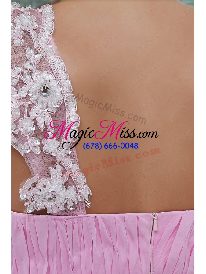 wholesale empire straps rose pink appliques and ruching chiffon bridesmaid dress