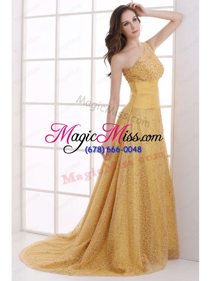 wholesale a line lace one shoulder ruching court train gold bridesmaid dress