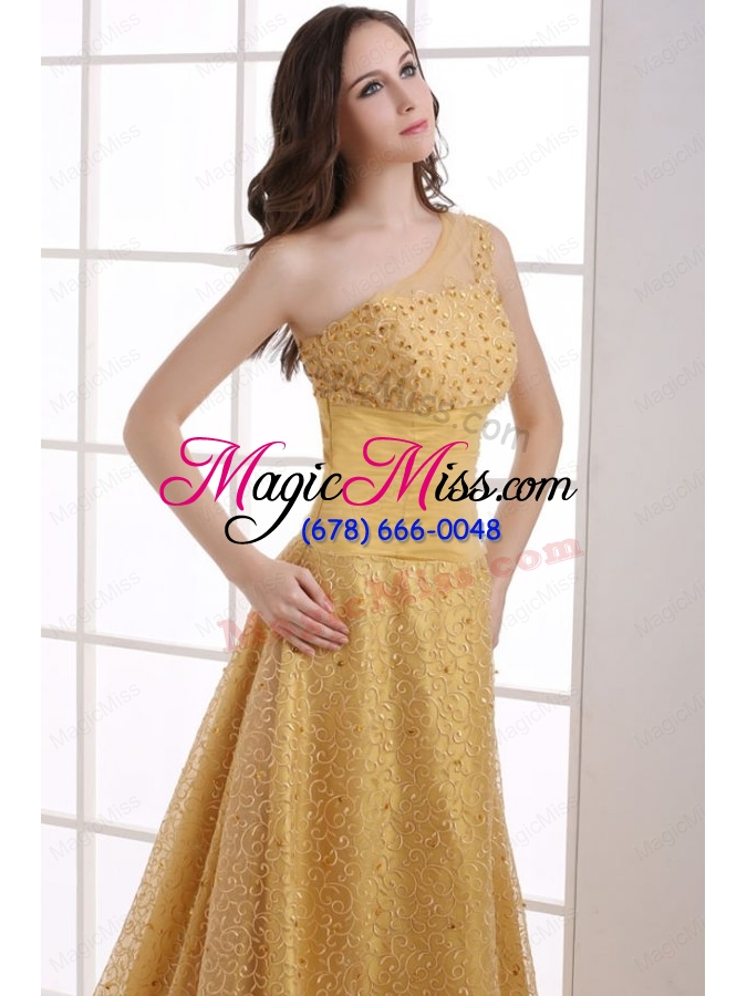 wholesale a line lace one shoulder ruching court train gold bridesmaid dress