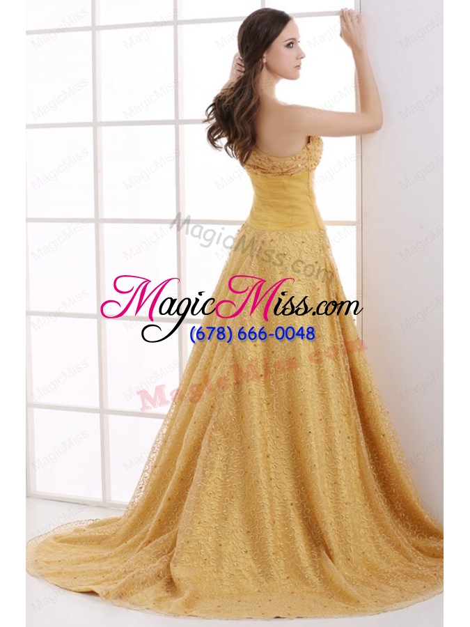 wholesale a line lace one shoulder ruching court train gold bridesmaid dress