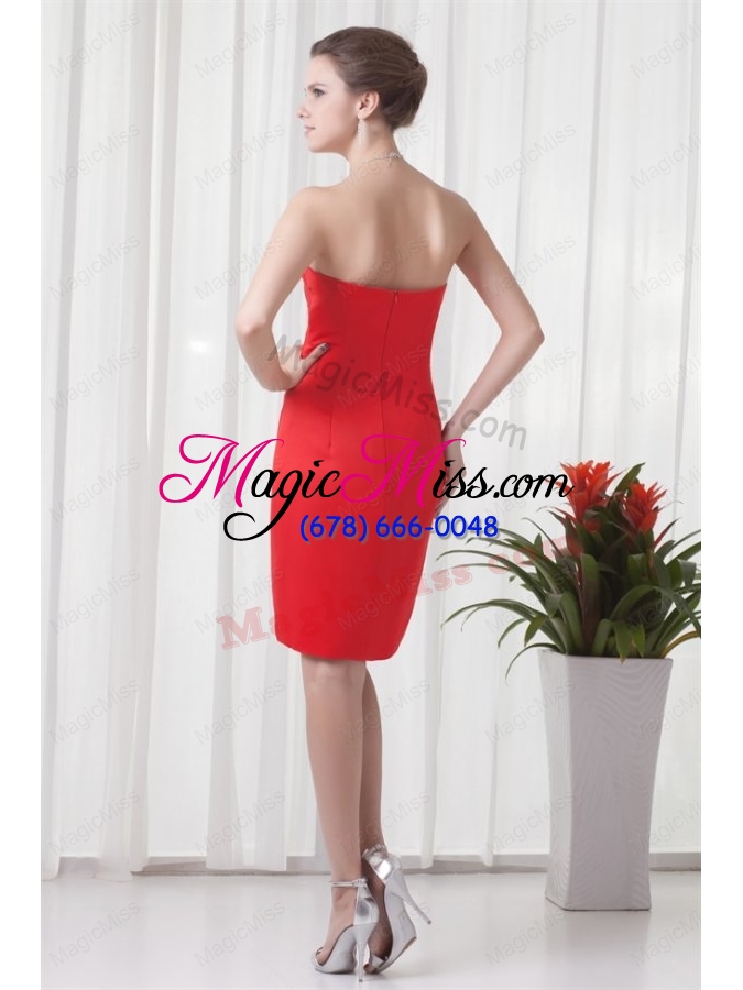 wholesale column strapless mini length red ruching taffeta bridesmaid dress