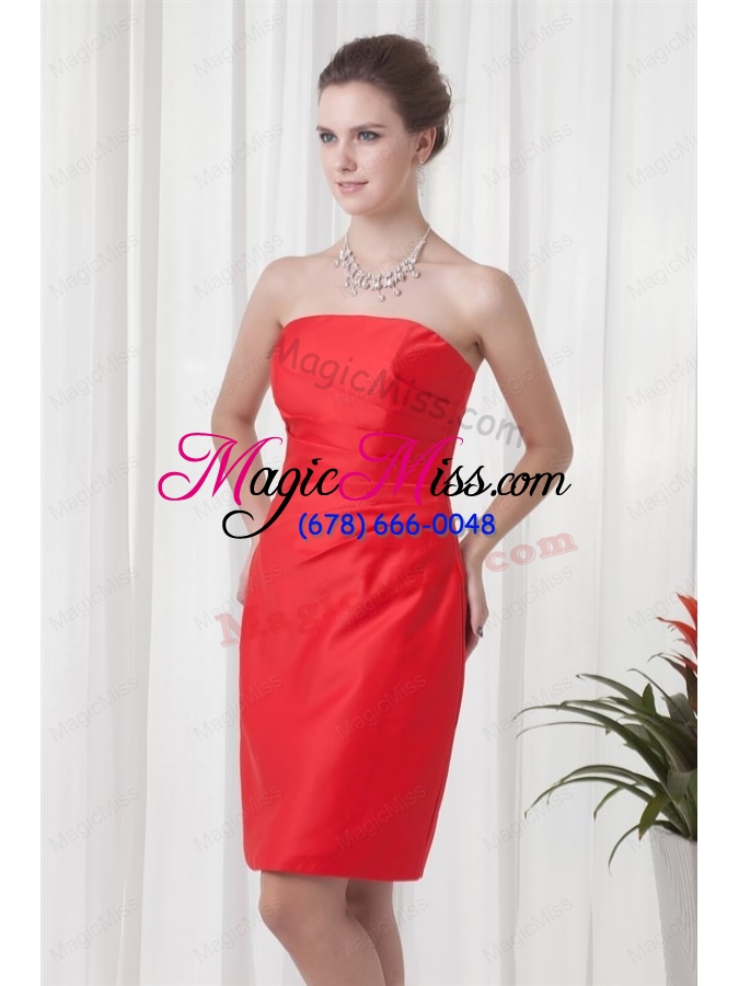 wholesale column strapless mini length red ruching taffeta bridesmaid dress