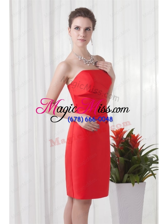 wholesale column strapless mini length red ruching taffeta bridesmaid dress