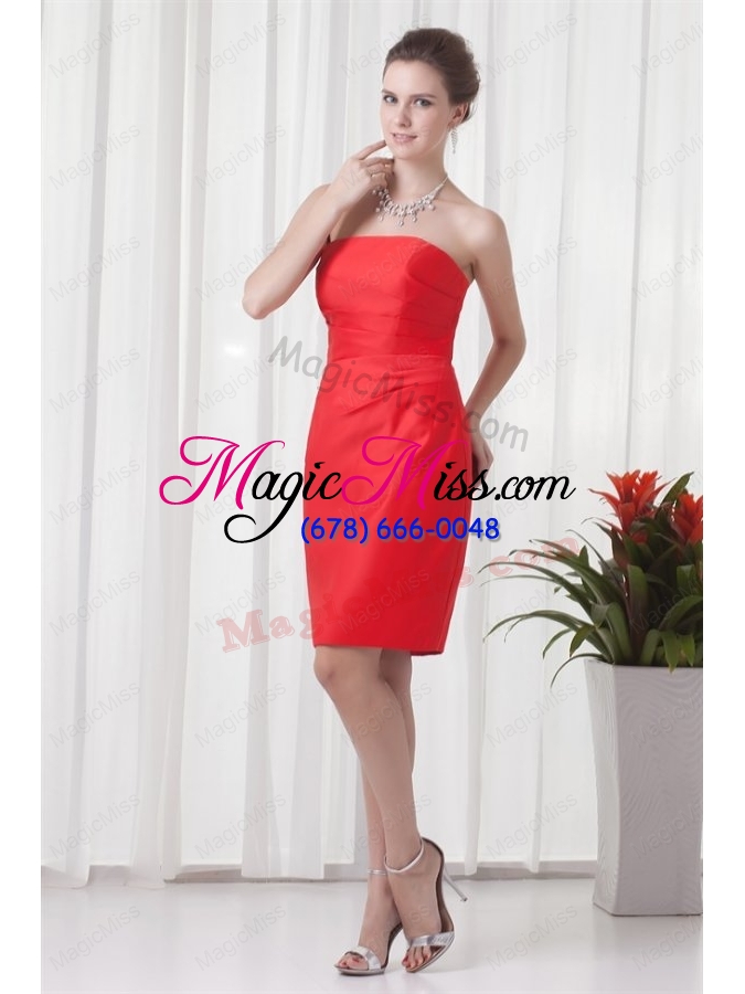 wholesale column strapless mini length red ruching taffeta bridesmaid dress