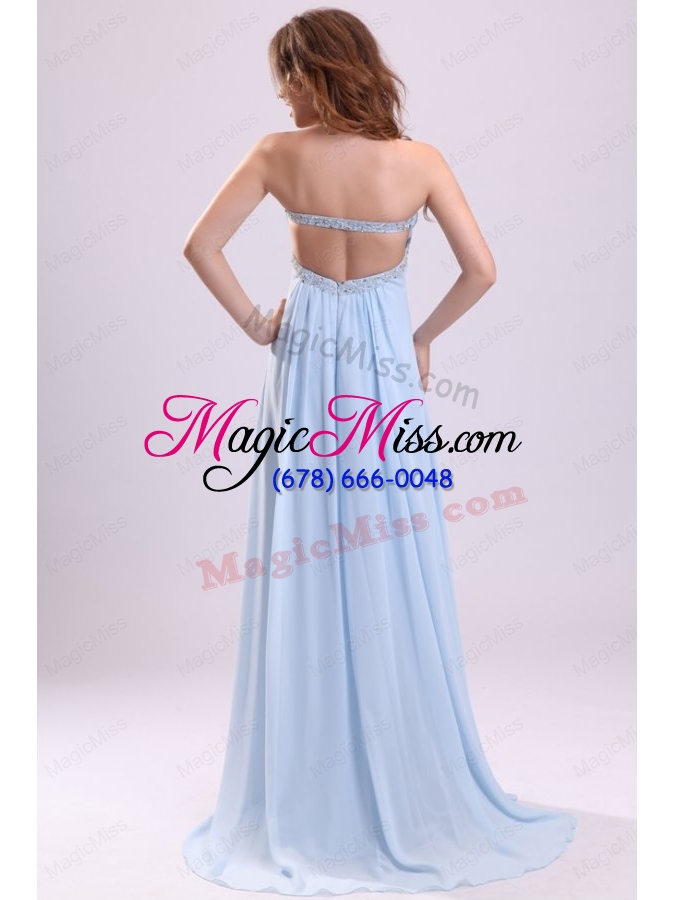 wholesale blue empire strapless brush train beading chiffon prom dress with backless