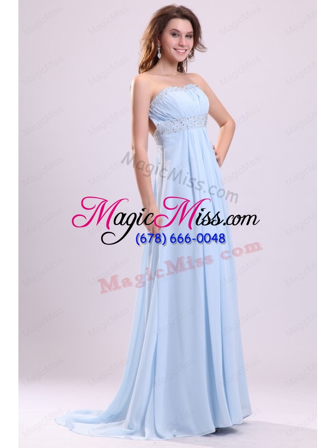 wholesale blue empire strapless brush train beading chiffon prom dress with backless