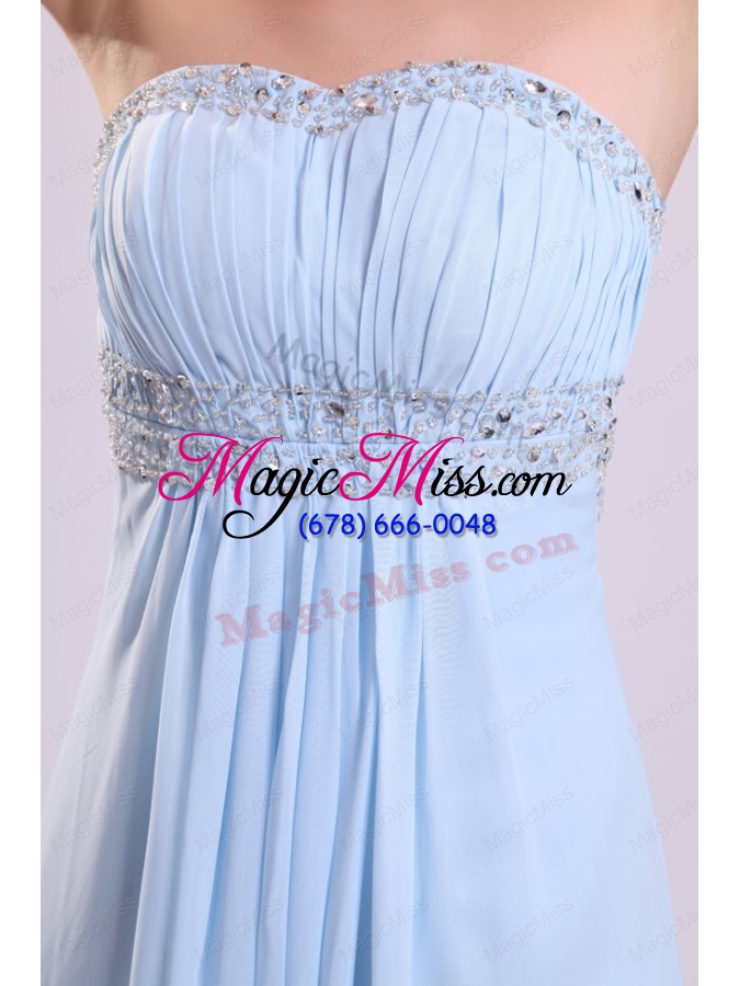 wholesale blue empire strapless brush train beading chiffon prom dress with backless