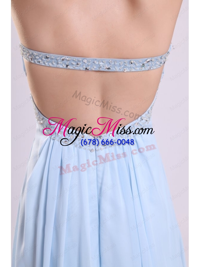 wholesale blue empire strapless brush train beading chiffon prom dress with backless