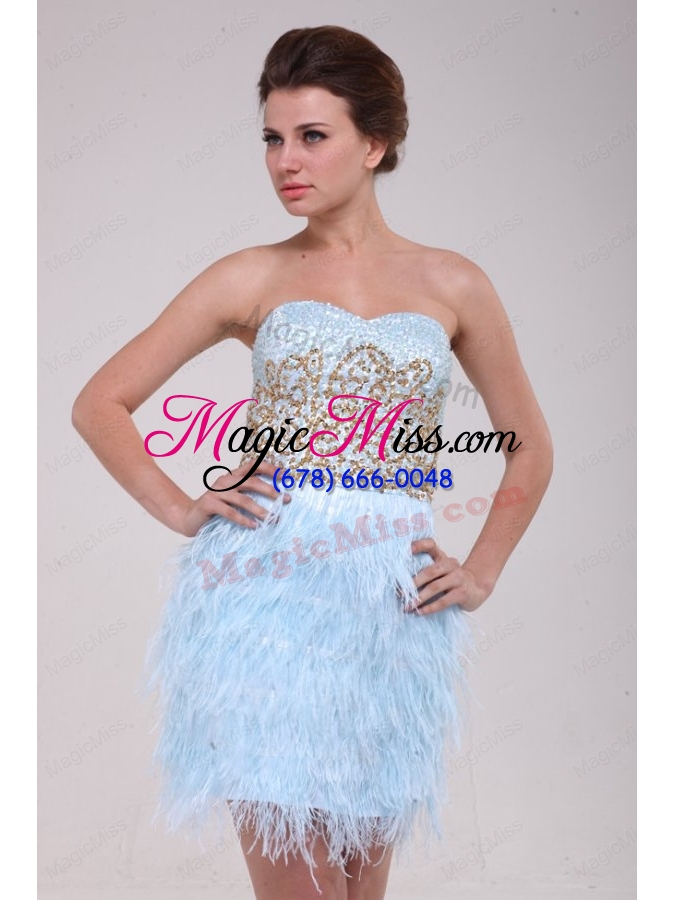 wholesale column light blue sweetheart feather sequins satin prom dress