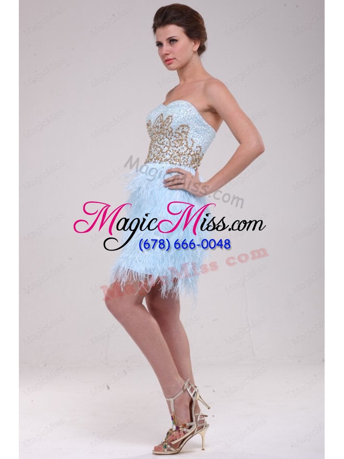 wholesale column light blue sweetheart feather sequins satin prom dress