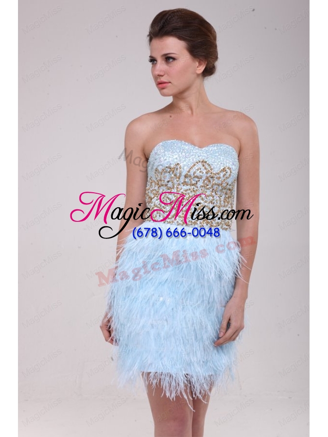 wholesale column light blue sweetheart feather sequins satin prom dress