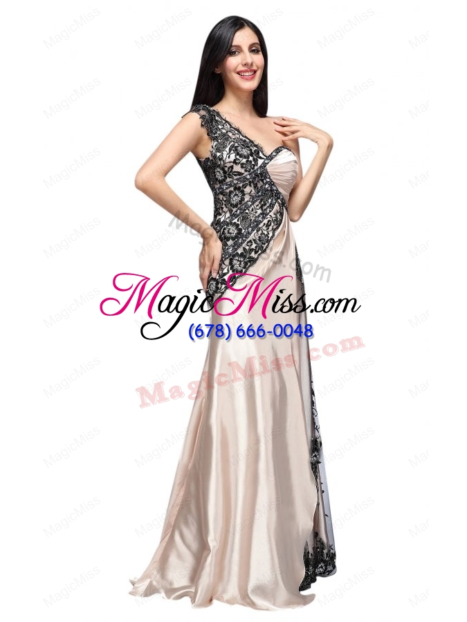 wholesale column one shoulder lace champgne ruching long prom dress