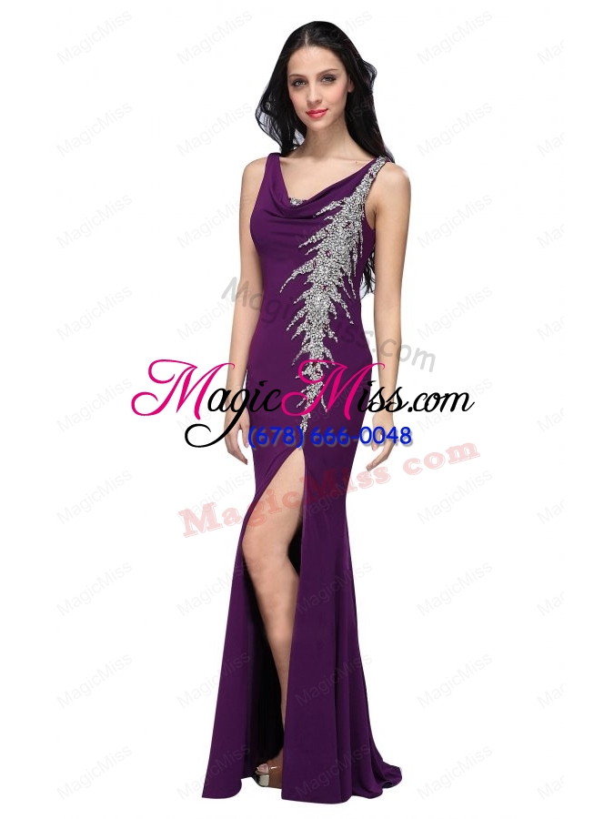 wholesale column v neck purple beading high slit chiffon floor length prom dress