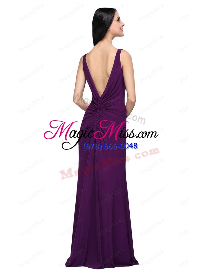 wholesale column v neck purple beading high slit chiffon floor length prom dress