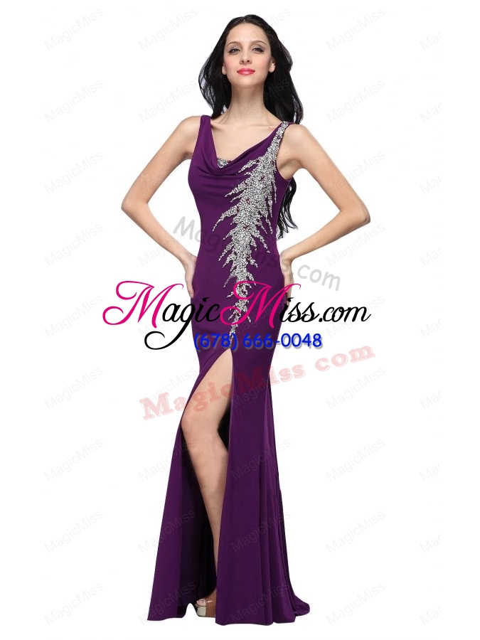 wholesale column v neck purple beading high slit chiffon floor length prom dress