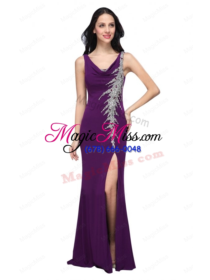 wholesale column v neck purple beading high slit chiffon floor length prom dress