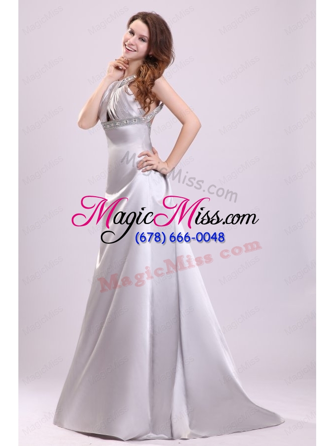 wholesale a line gray straps beading and ruching brush train  prom dress