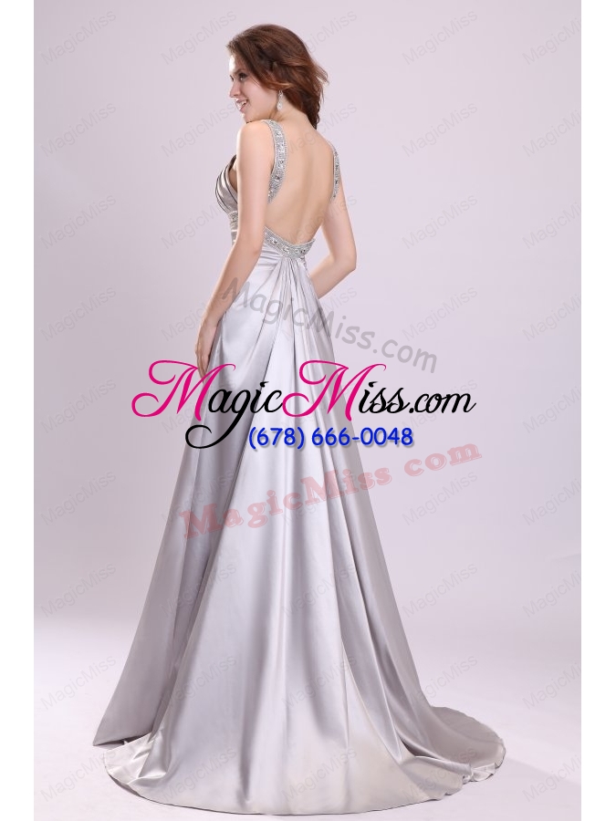 wholesale a line gray straps beading and ruching brush train  prom dress