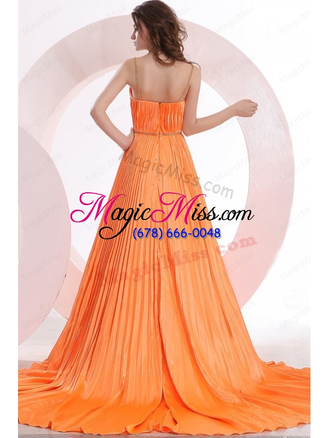 wholesale modest princes straps court train taffeta orange prom dress with ruching