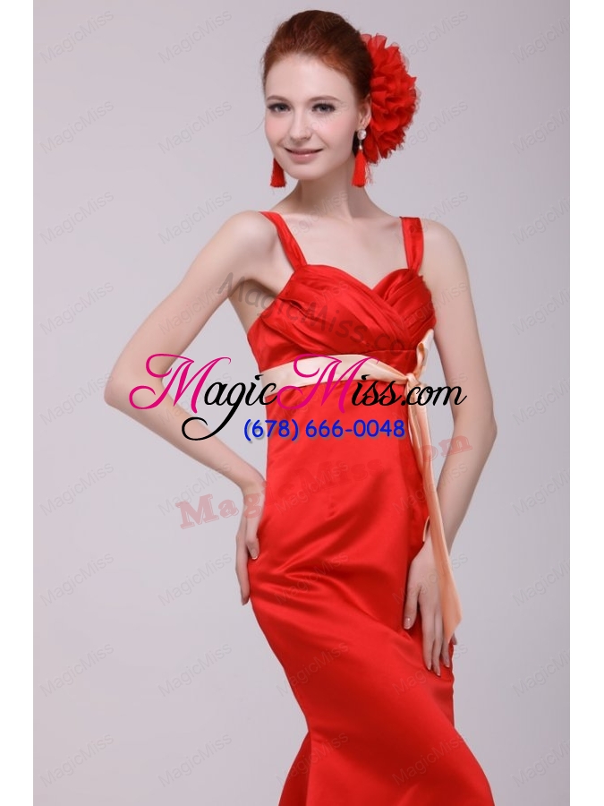 wholesale cheap column straps floor length taffeta sashs red prom dress