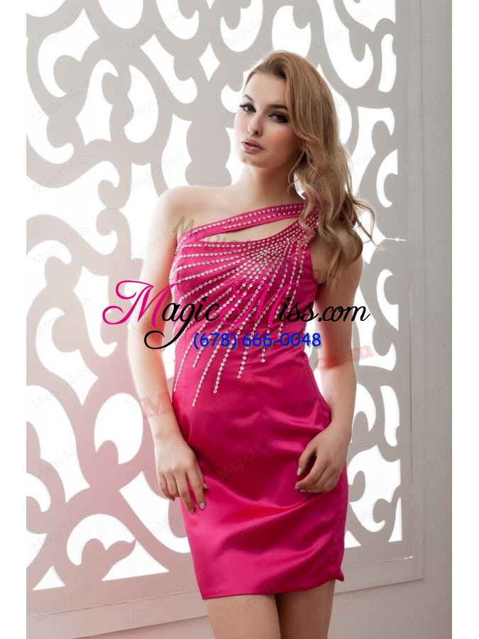 wholesale column one shoulder mini length taffeta hot pink prom dress