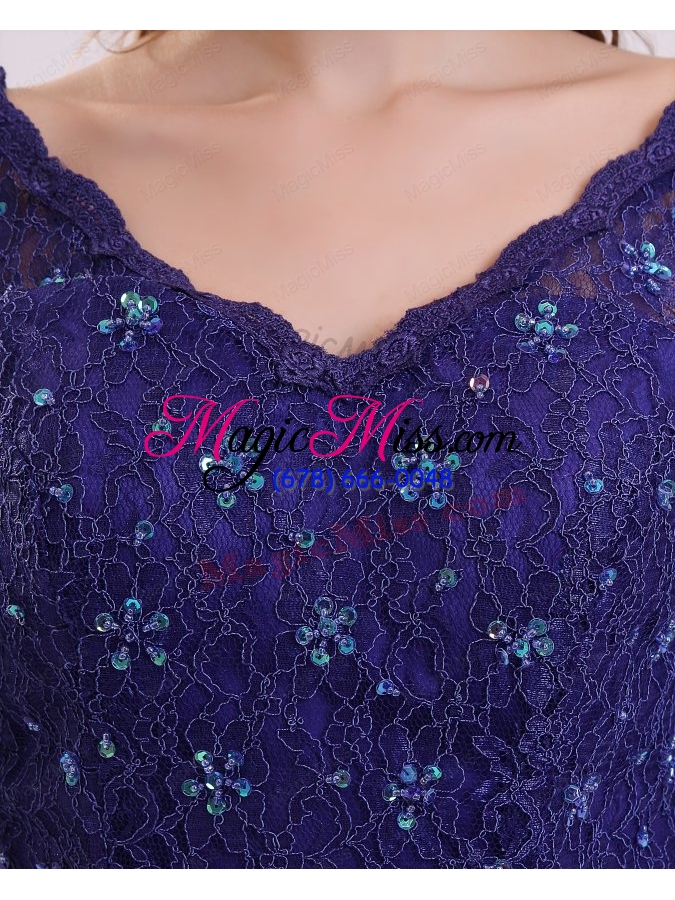 wholesale column v-neck lace sash purple half sleeves satin long prom dress