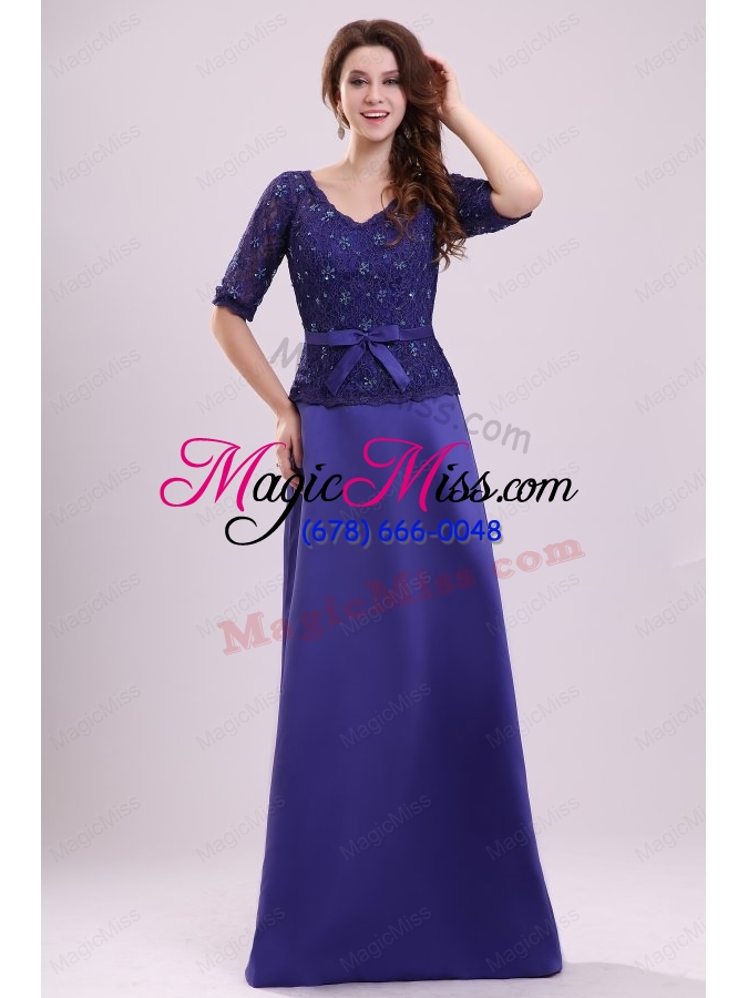 wholesale column v-neck lace sash purple half sleeves satin long prom dress