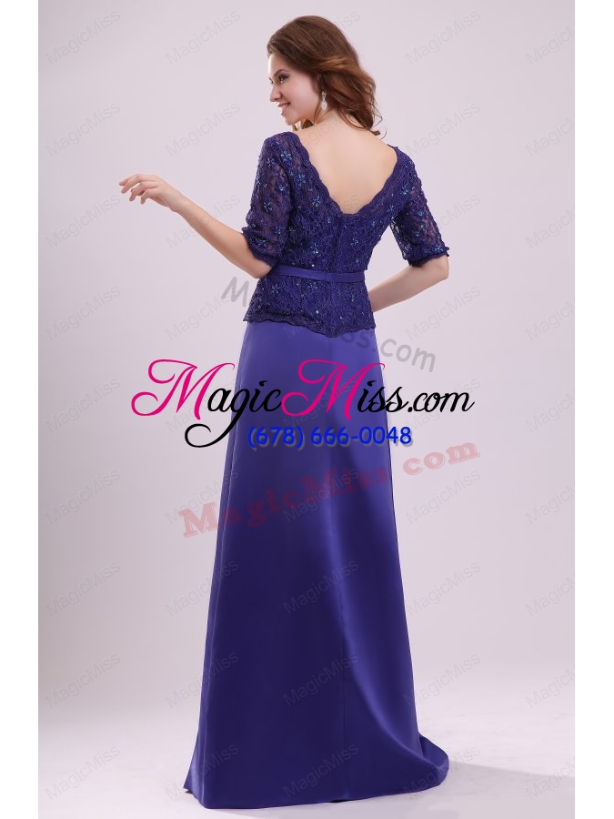 wholesale column v-neck lace sash purple half sleeves satin long prom dress