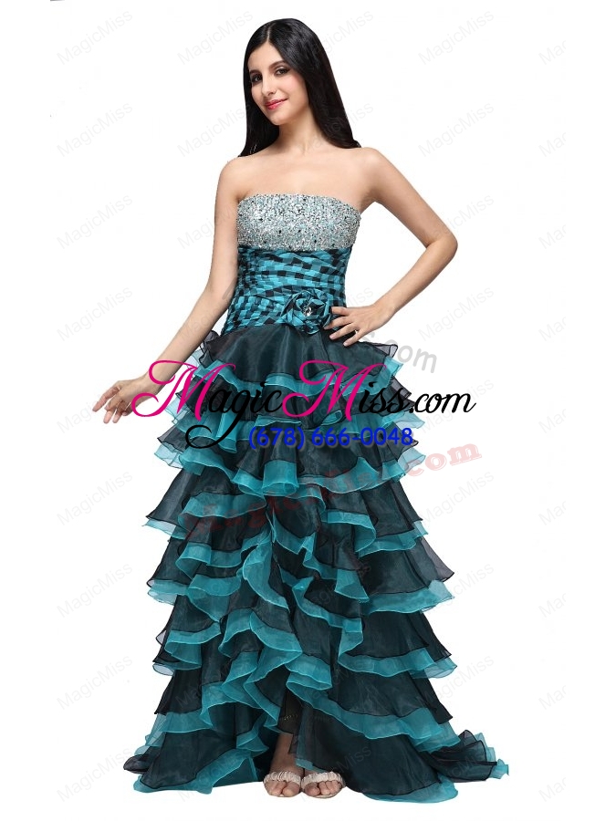 wholesale a-line strapless black and blue ruffled layers organza beading prom dress