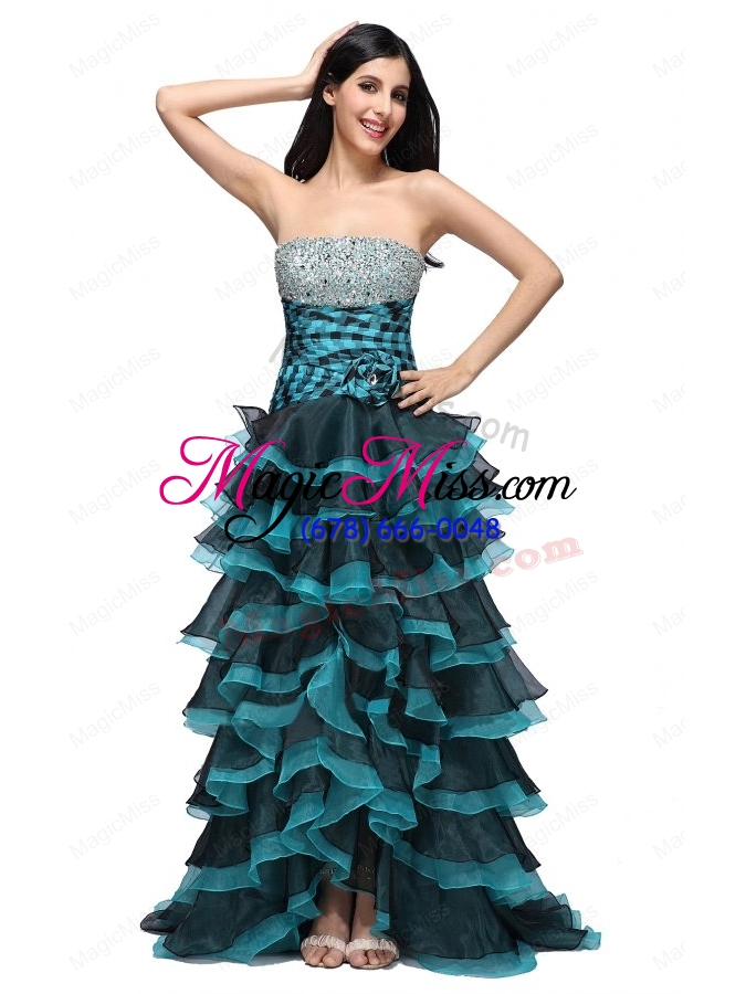 wholesale a-line strapless black and blue ruffled layers organza beading prom dress