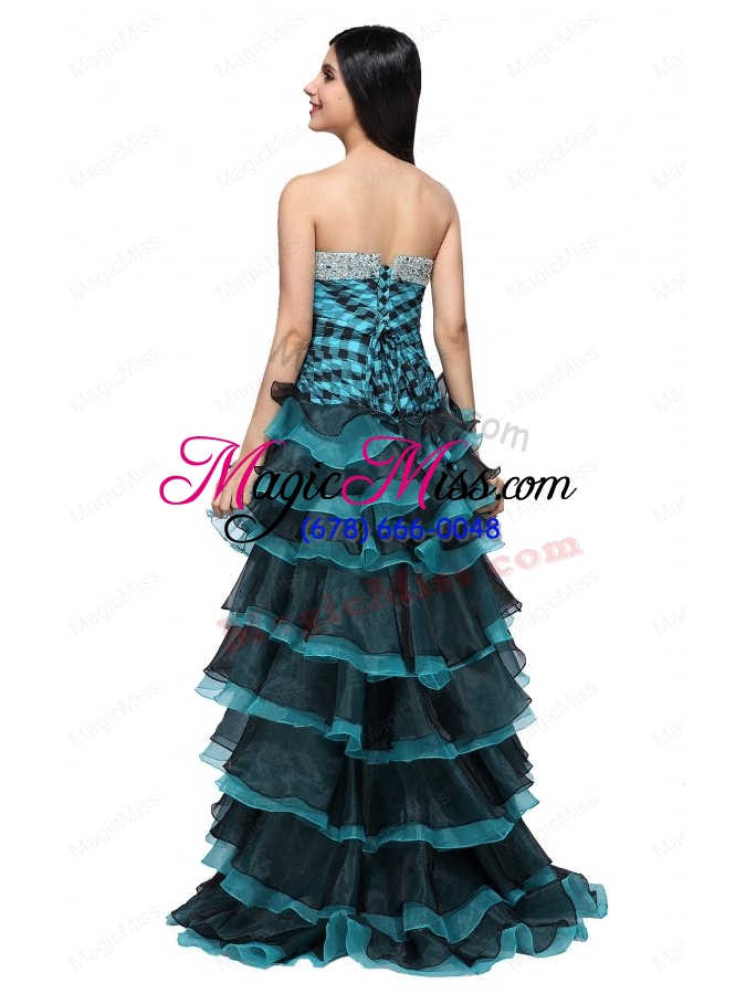 wholesale a-line strapless black and blue ruffled layers organza beading prom dress