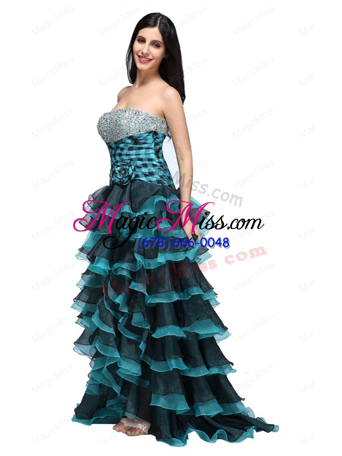 wholesale a-line strapless black and blue ruffled layers organza beading prom dress