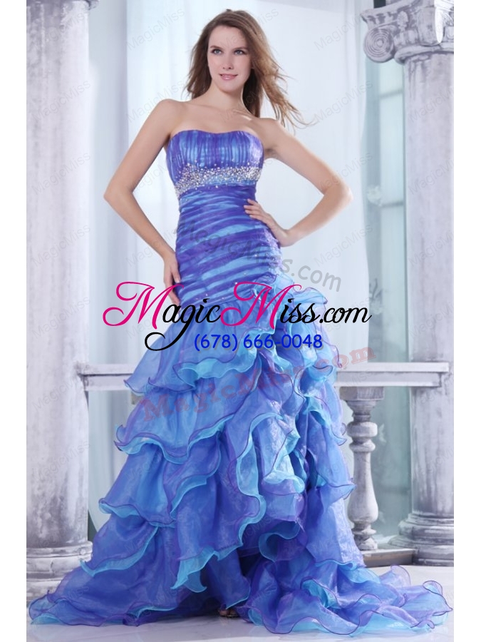 wholesale strapless beading and ruffles layered mermaid purple and blue prom dress