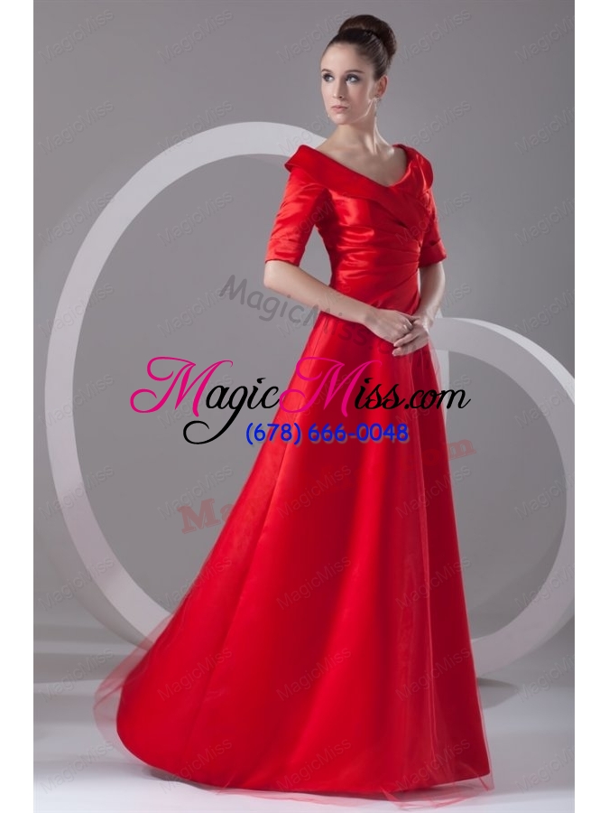 wholesale cheap column v-neck red taffeta half sleeves red ruching prom dress