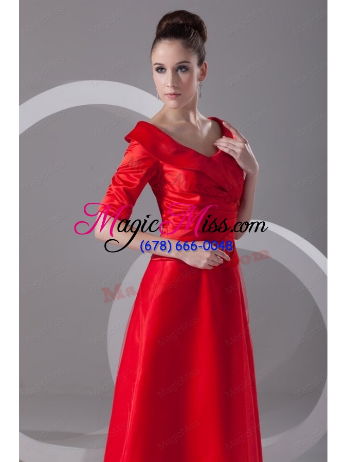 wholesale cheap column v-neck red taffeta half sleeves red ruching prom dress