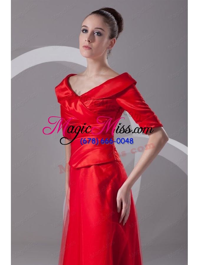 wholesale cheap column v-neck red taffeta half sleeves red ruching prom dress