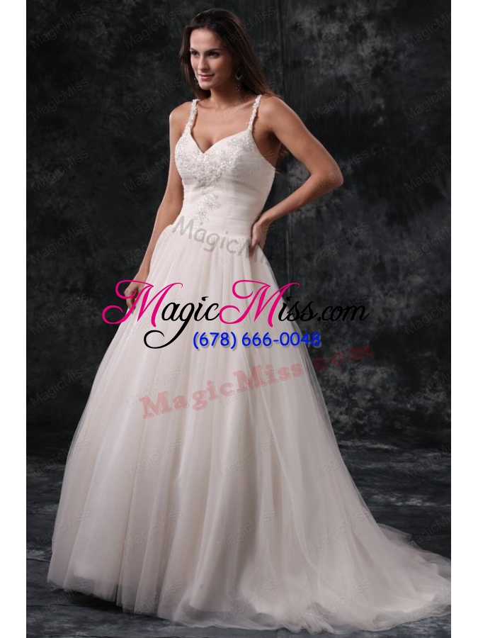 wholesale fashionable a line straps appliques tulle wedding dress in champagne