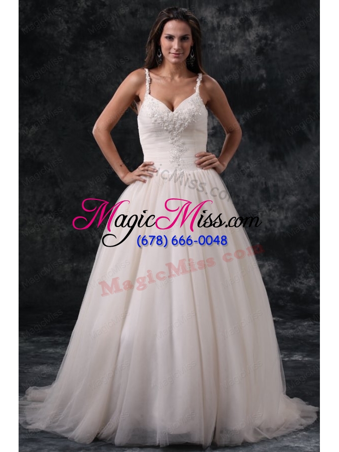 wholesale fashionable a line straps appliques tulle wedding dress in champagne