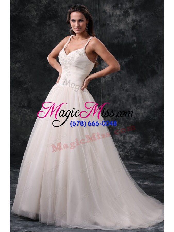 wholesale fashionable a line straps appliques tulle wedding dress in champagne