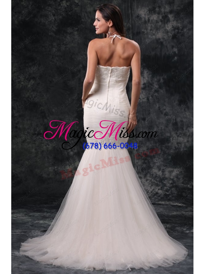 wholesale mermaid straps brush train organza appliques and ruching wedding dress