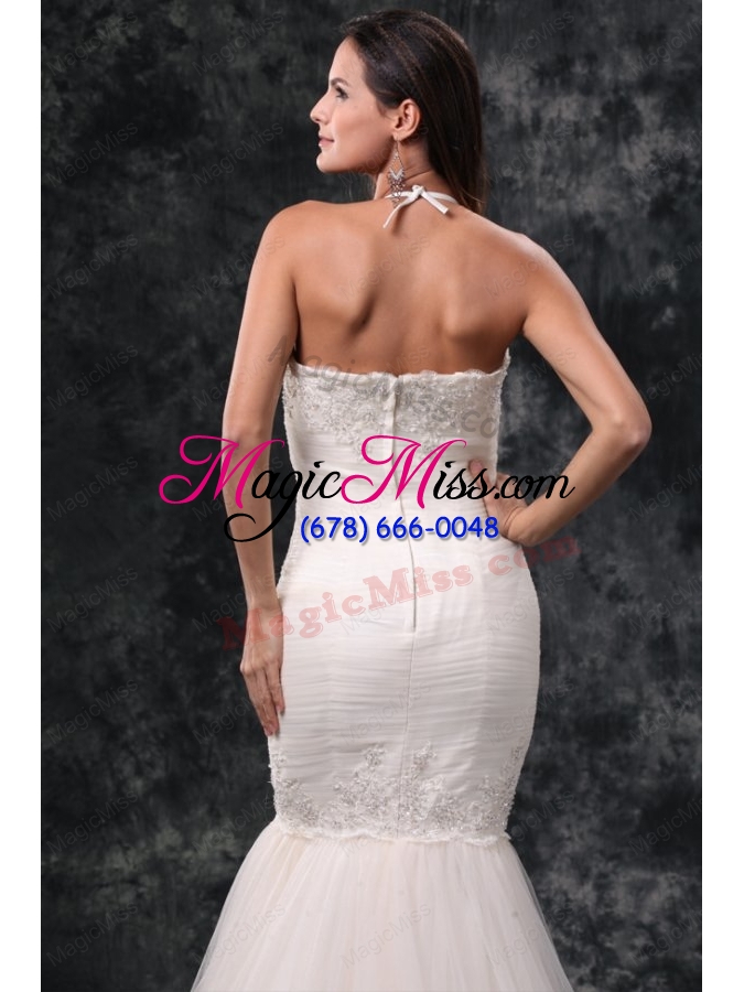 wholesale mermaid straps brush train organza appliques and ruching wedding dress