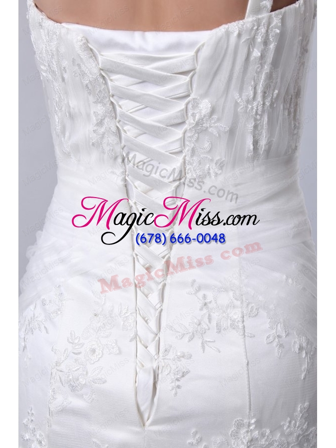 wholesale mermaid one shoulder appliques brush train lace up tulle wedding dress