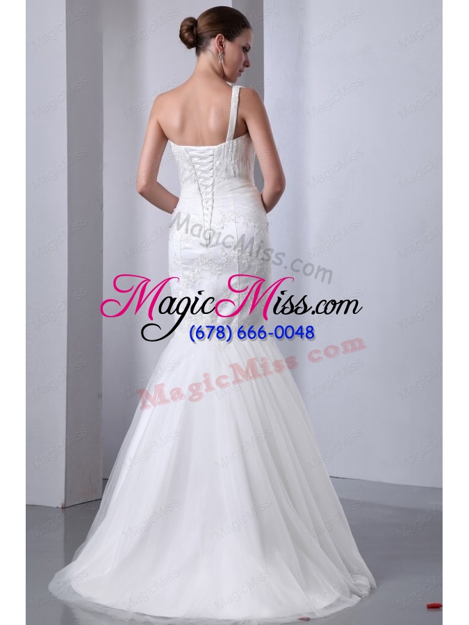 wholesale mermaid one shoulder appliques brush train lace up tulle wedding dress