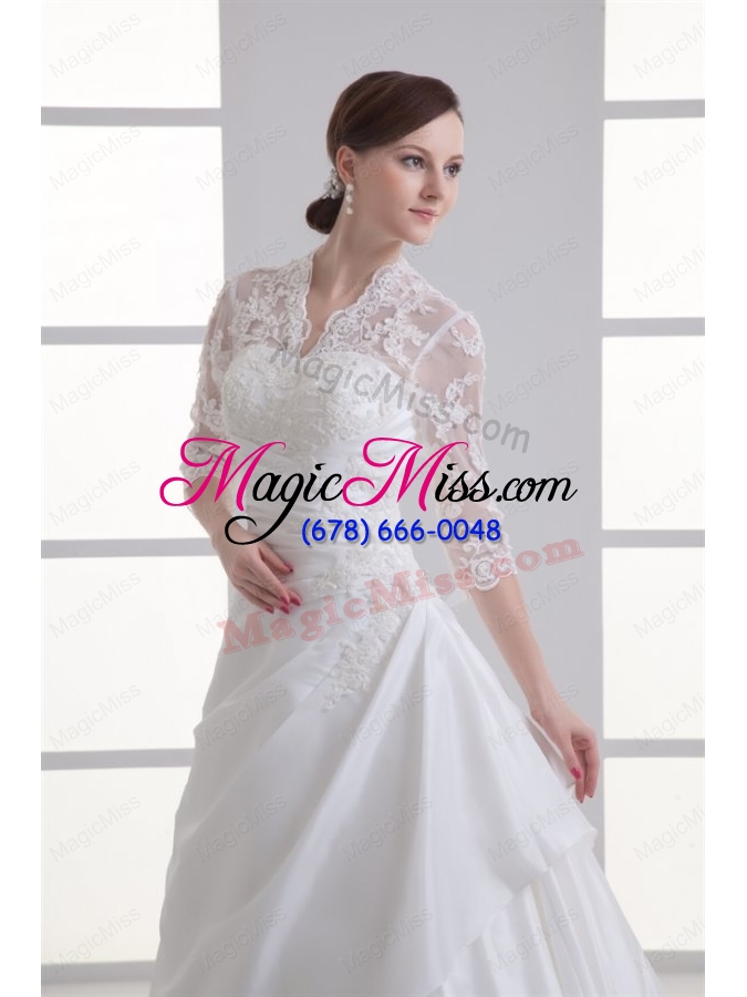 wholesale a line v neck long sleeves taffeta court train wedding dress