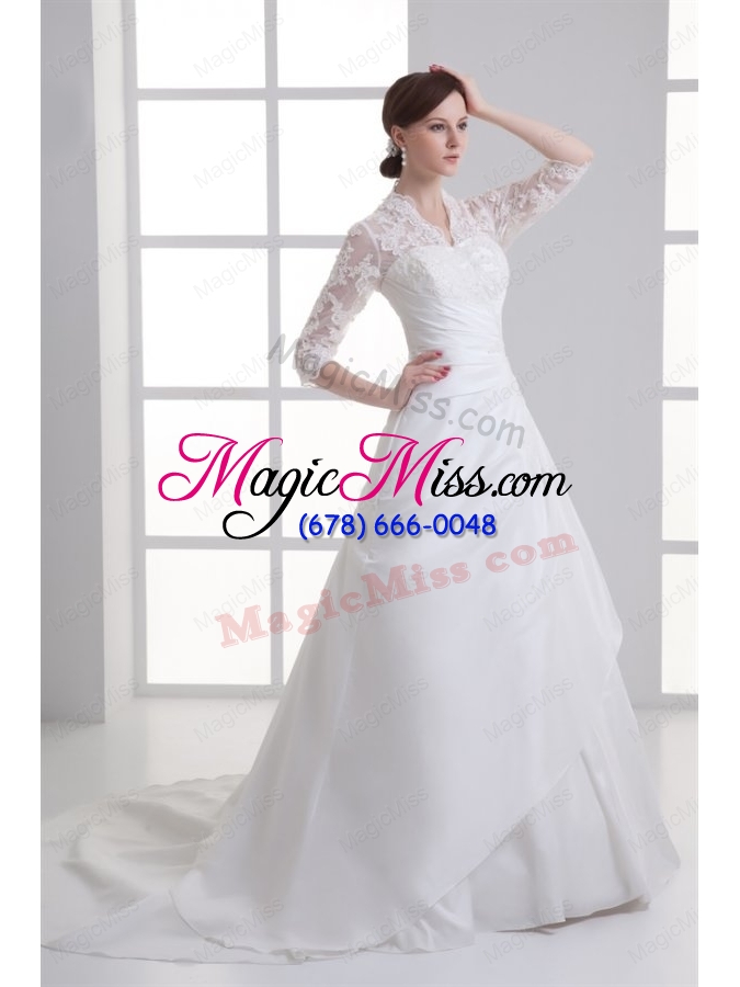 wholesale a line v neck long sleeves taffeta court train wedding dress