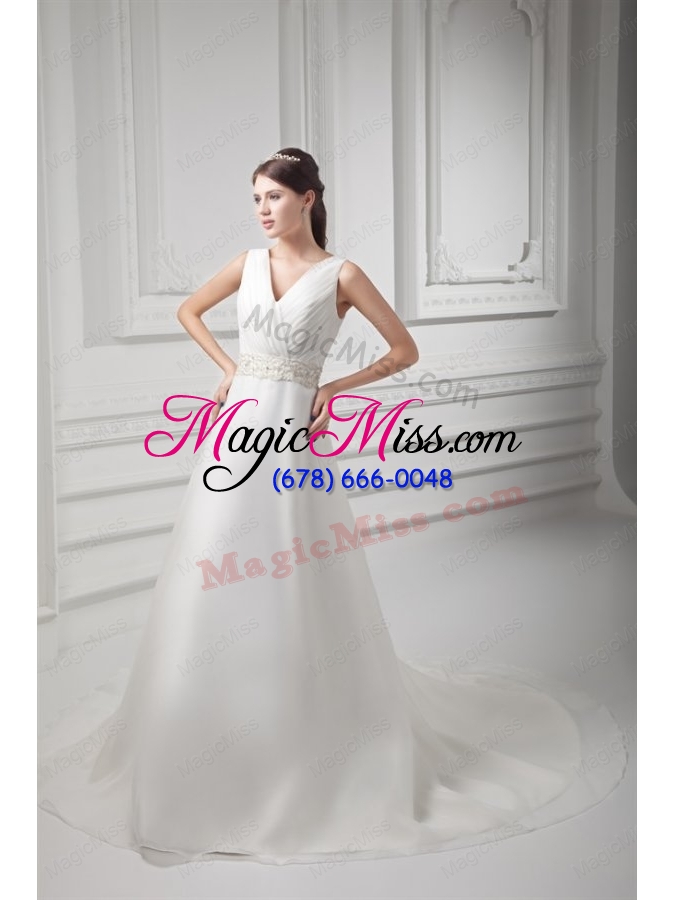 wholesale elegant a line v neck court train wedding dress with beading and ruching