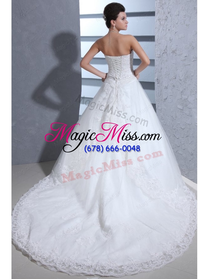 wholesale ball gown strapless lace appliques wedding dress with chapel train