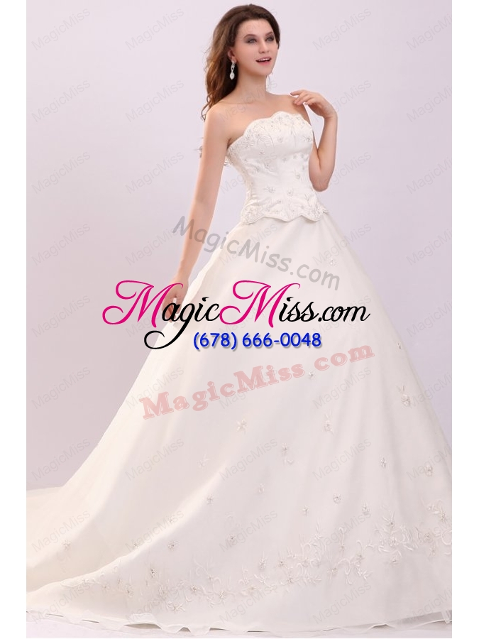 wholesale luxurious strapless a line embroidery chapel train wedding dress