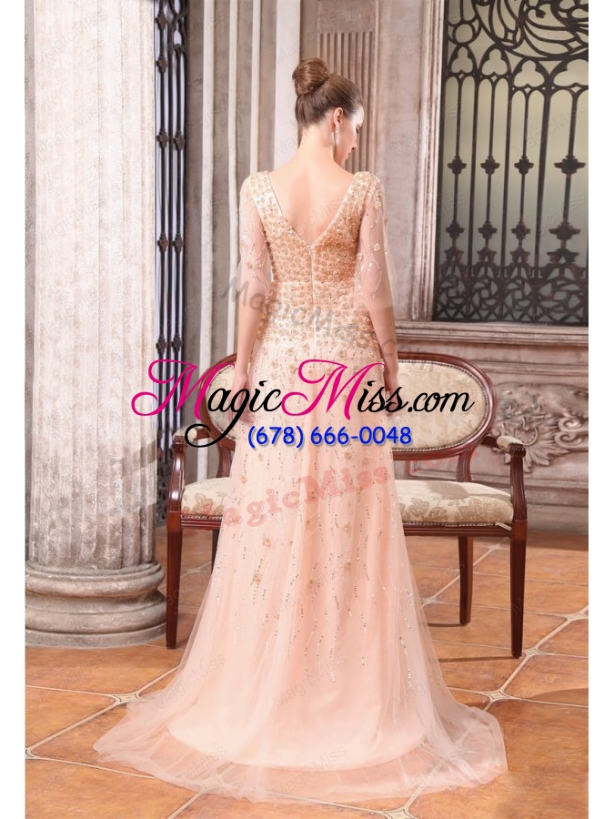 wholesale column v neck sweep train wedding dress with appliques and beading