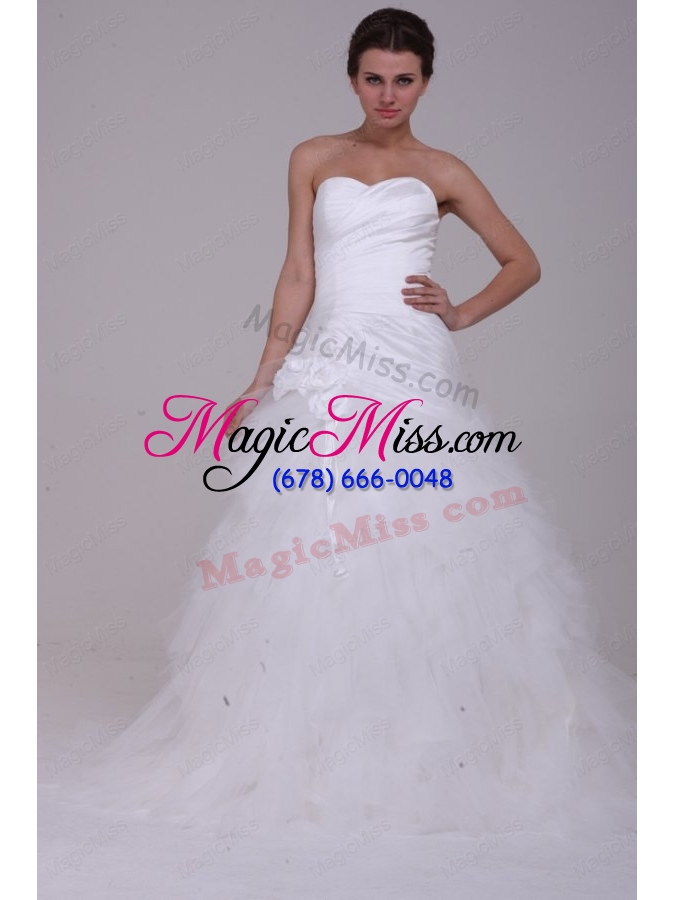 wholesale a-line strapless ruching tulle wedding dress with brush train